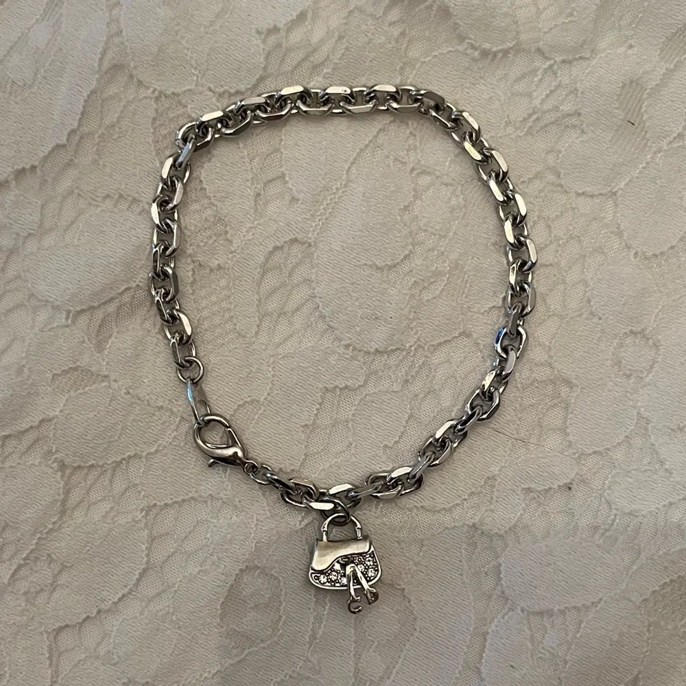 Silver Tone Chain Bracelet with Sparkling Crystal Purse Handbag Charm
